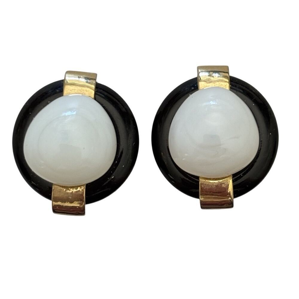 KENNETH J.L. Earrings, Gold tone, Black Enamel and White Faux Pearl, Clip on